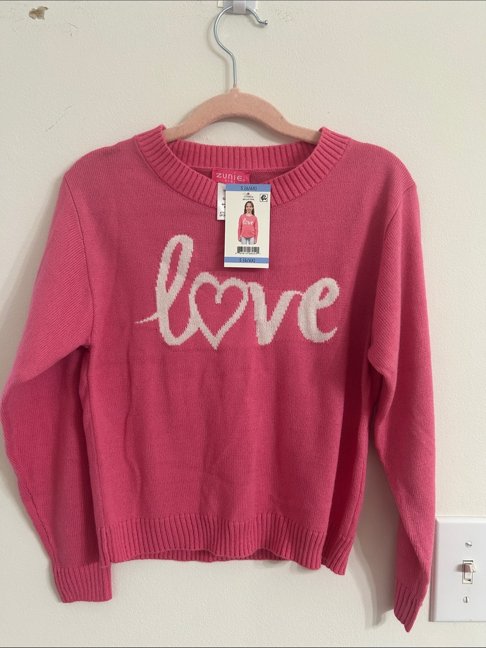 Zunie Pink Crewneck Sweater with White "Love" Script